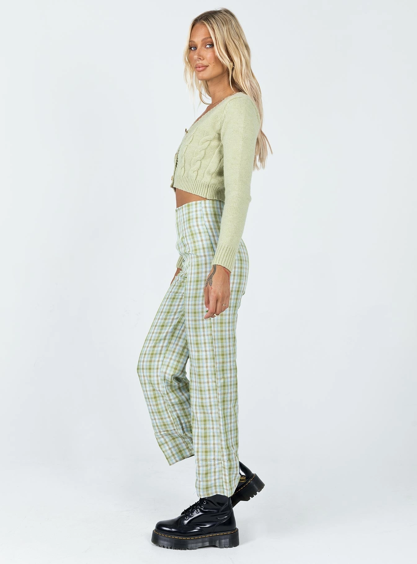 Euros Pants Light Green Check Effortless Comfort