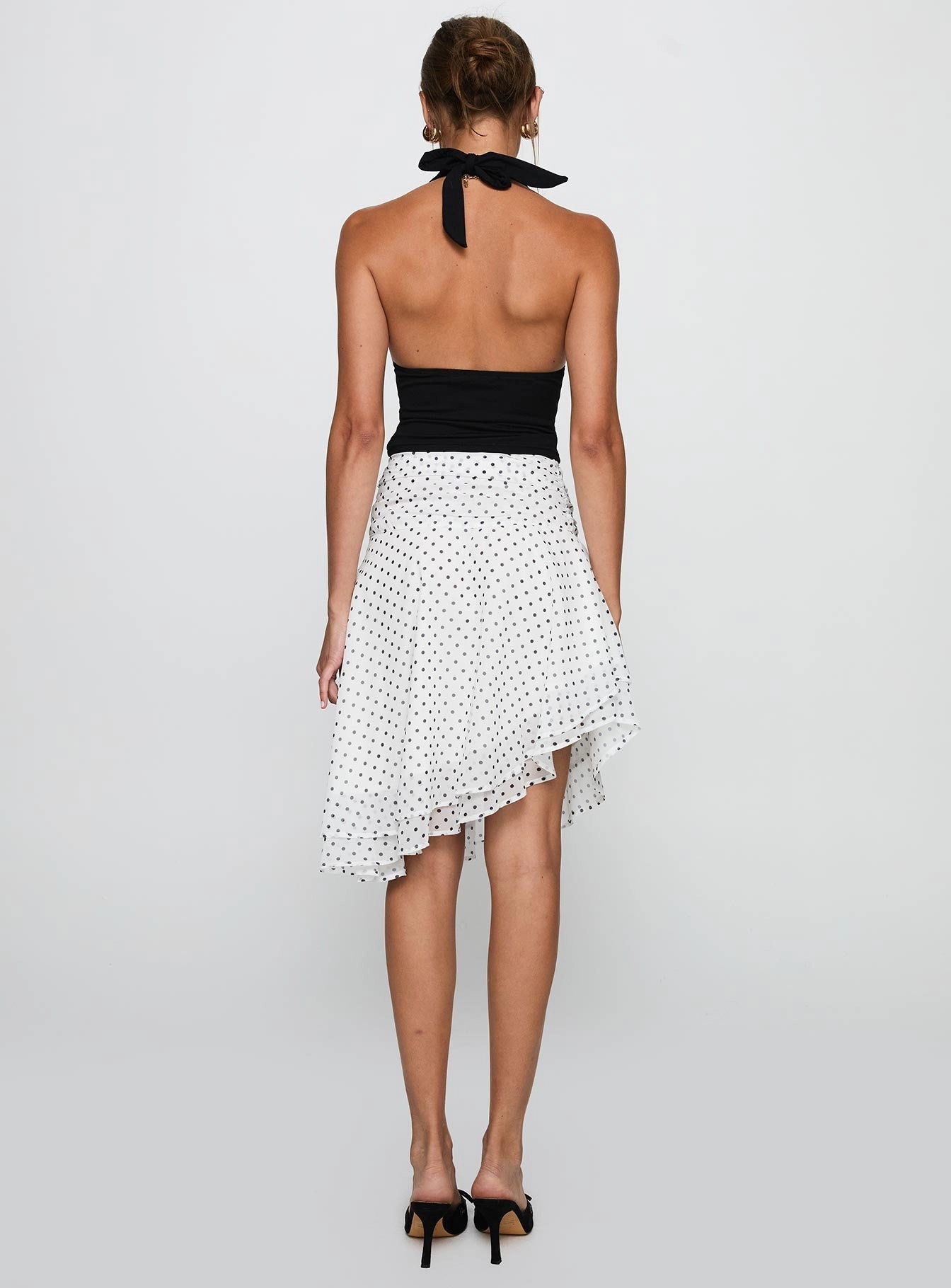 Evanescence Asymmetrical Midi Skirt White / Polka Dot Inverted Pleats Chafe Resistant