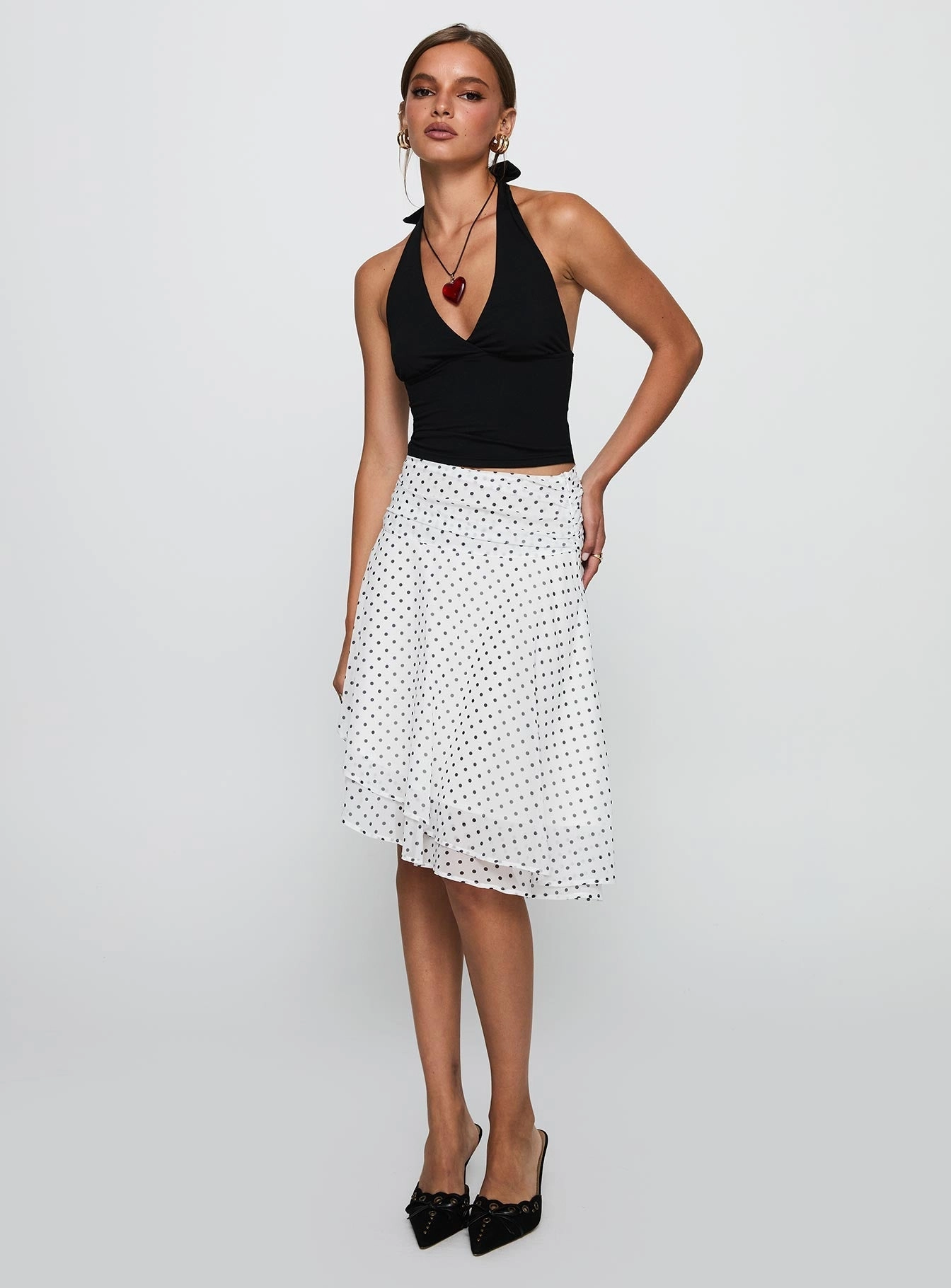Smart Casual Chill Feel Evanescence Asymmetrical Midi Skirt White / Polka Dot