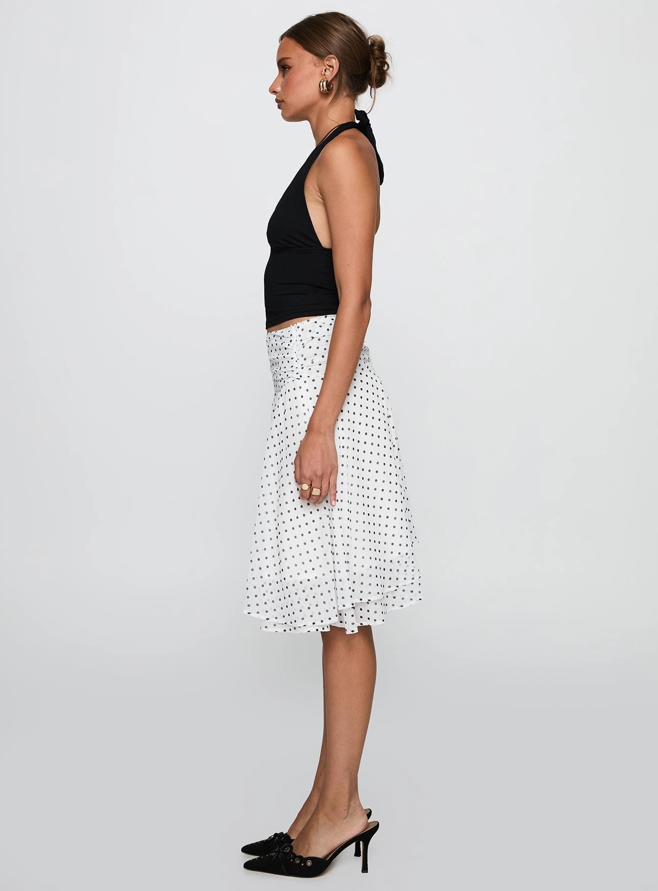 Runway Ready Evanescence Asymmetrical Midi Skirt White / Polka Dot