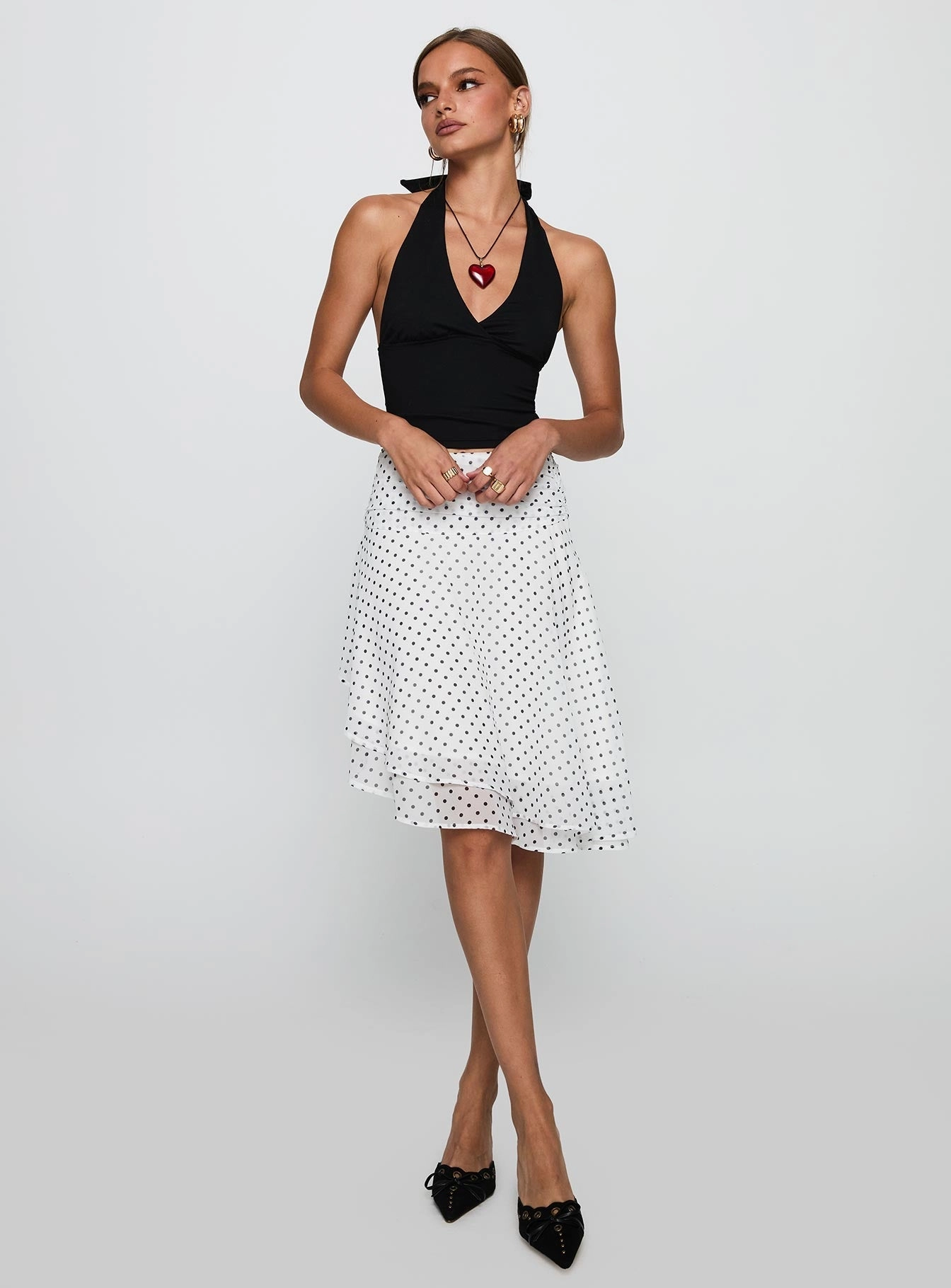 Outfit Game Evanescence Asymmetrical Midi Skirt White / Polka Dot