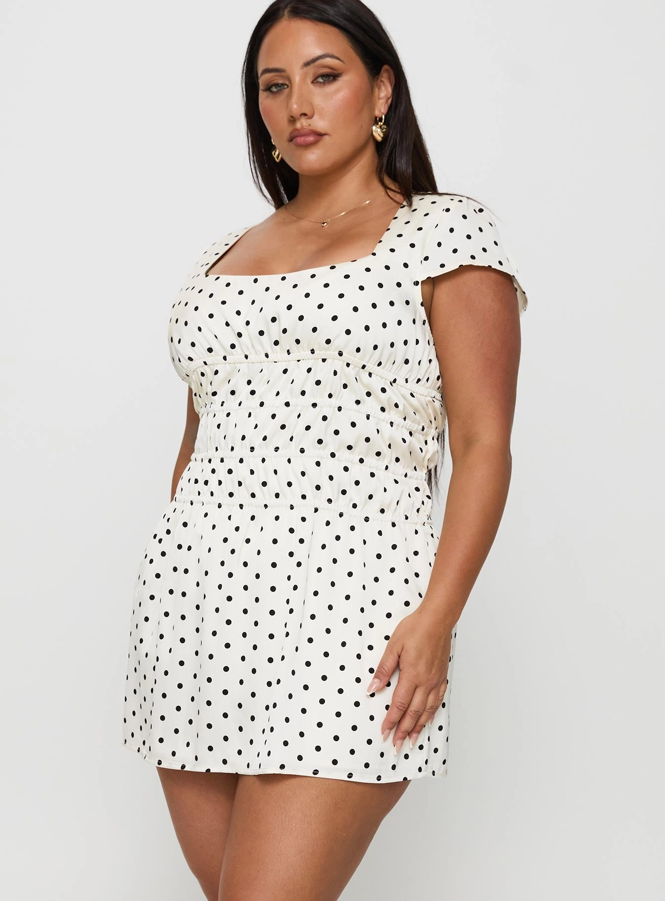 Evangelie Ruched Mini Dress White Polka Curve Satin Layers Dressy Glow