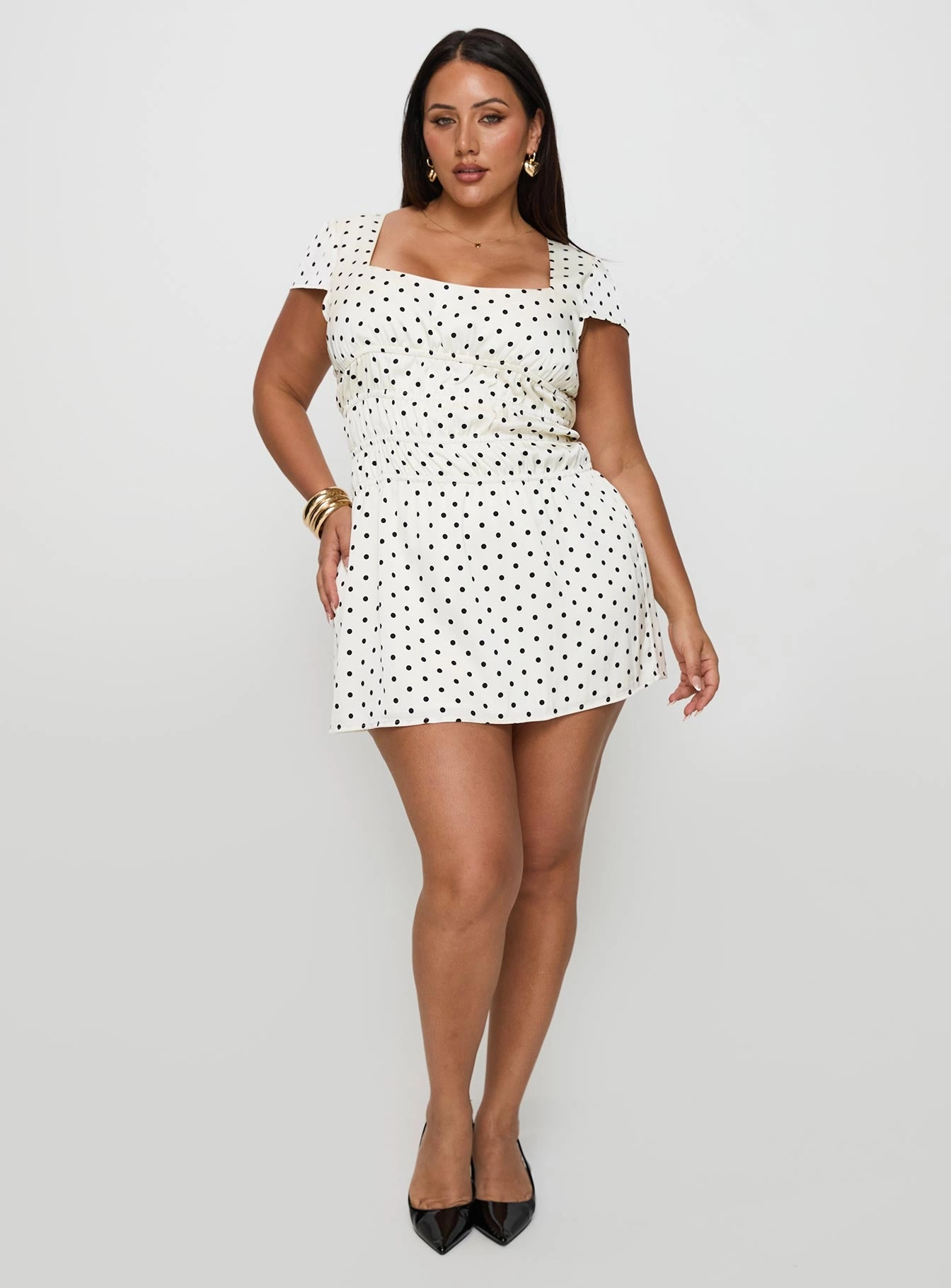 Evangelie Ruched Mini Dress White Polka Curve Stylish Fit