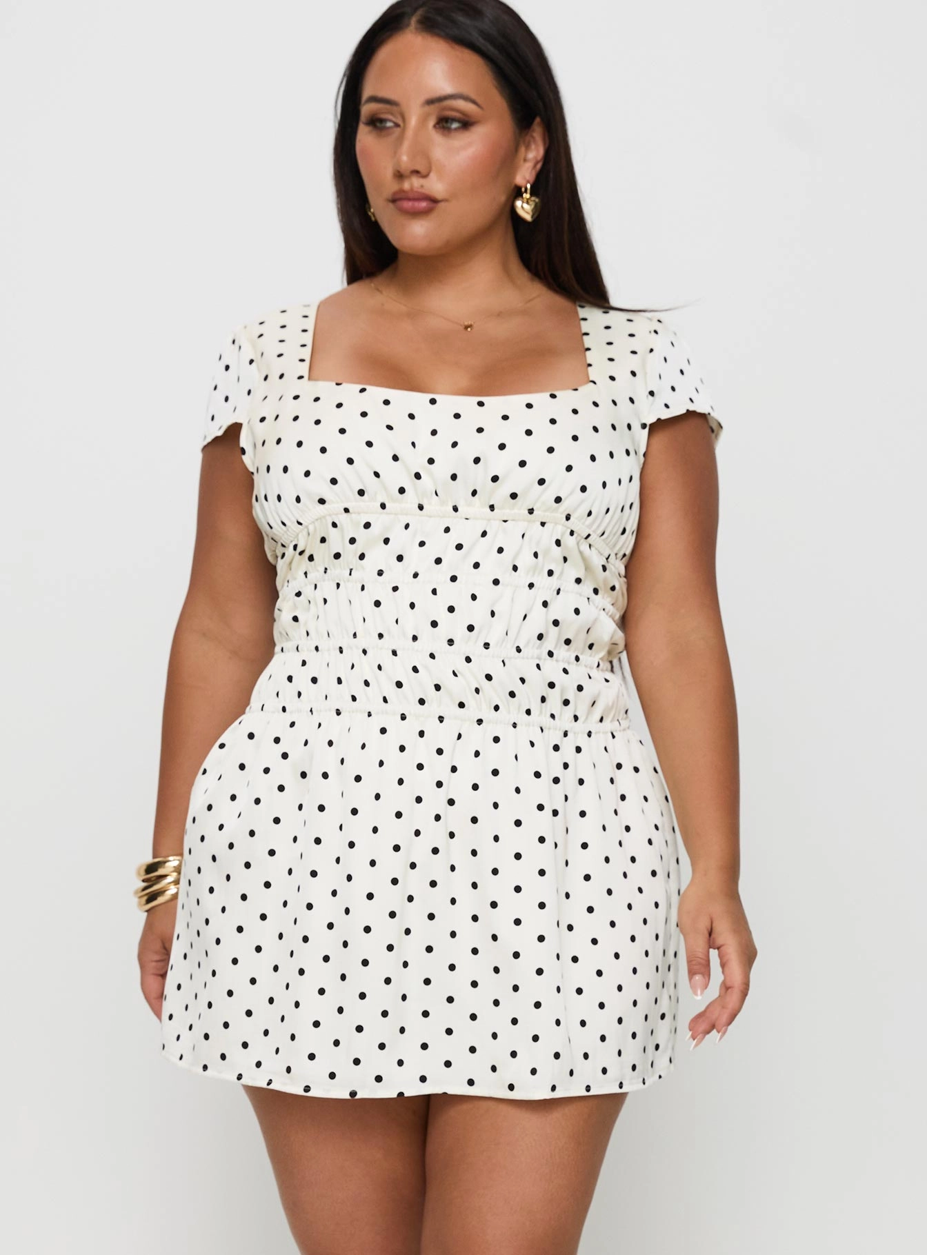 OdorControlTreatment Evangelie Ruched Mini Dress White Polka Curve