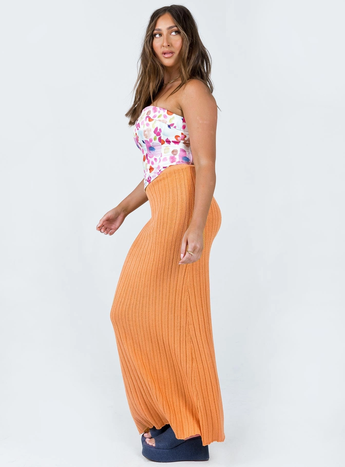 Quilted Texture Belle Knit Maxi Skirt Peach