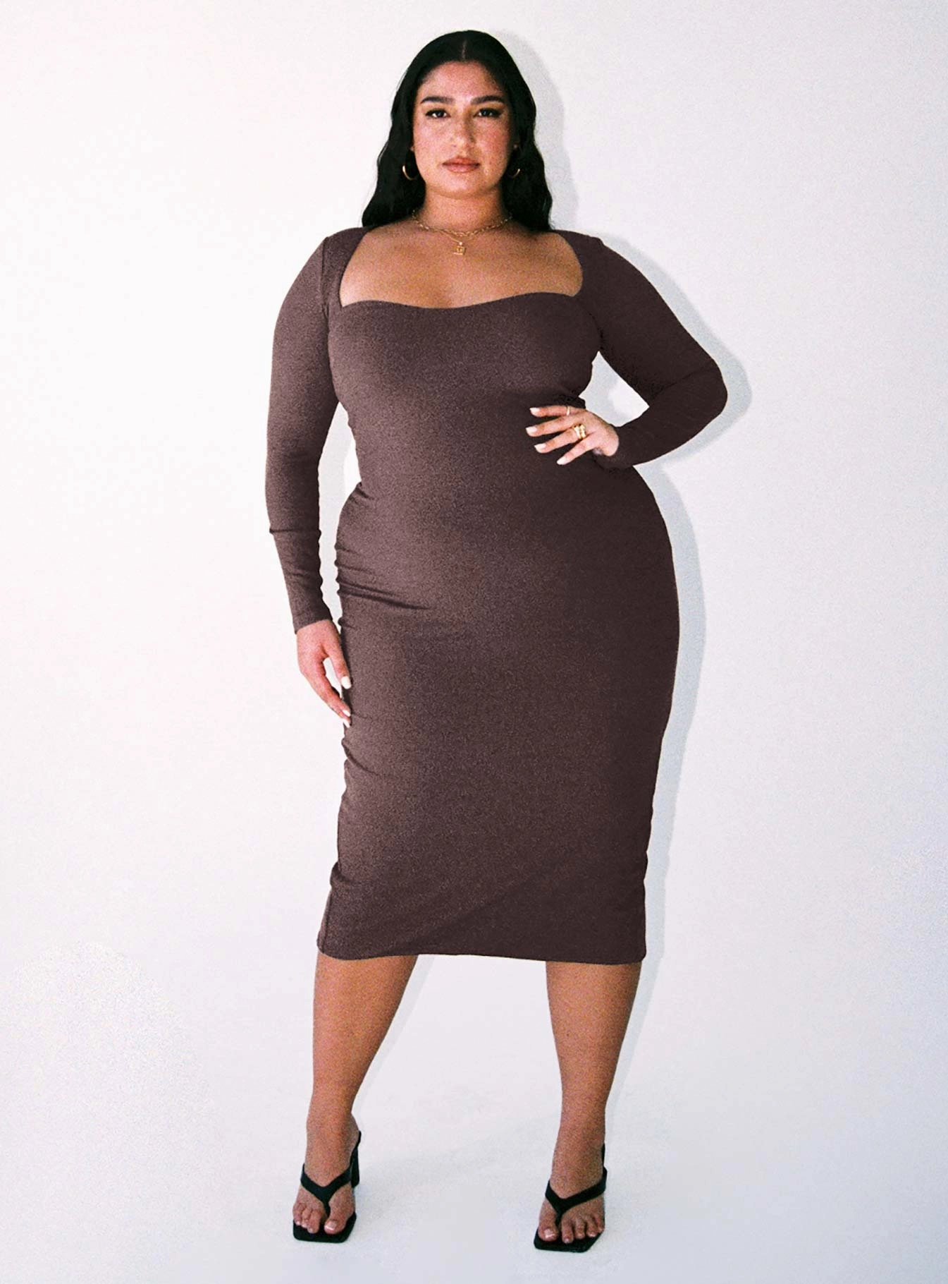 Nolan Midi Dress Brown Curve Silky Shape Minimal Motion