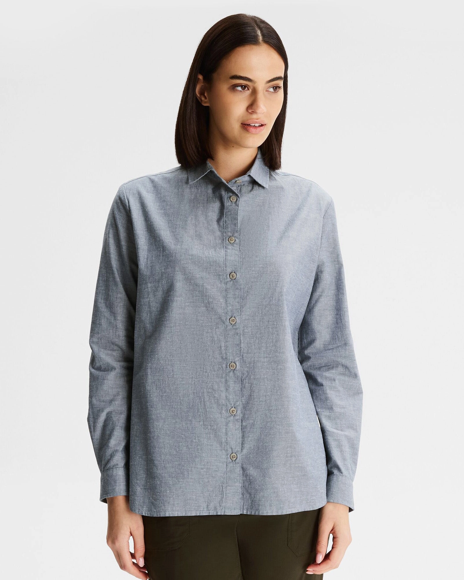 Youthful Style Neutral Toned Stitching Women's Flaxton LT Long Sleeve Shirt - Chambray Blue