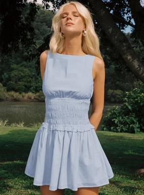 Yennifer Shirred Mini Dress Blue / White Petite Cozy Silhouette Cloud Light