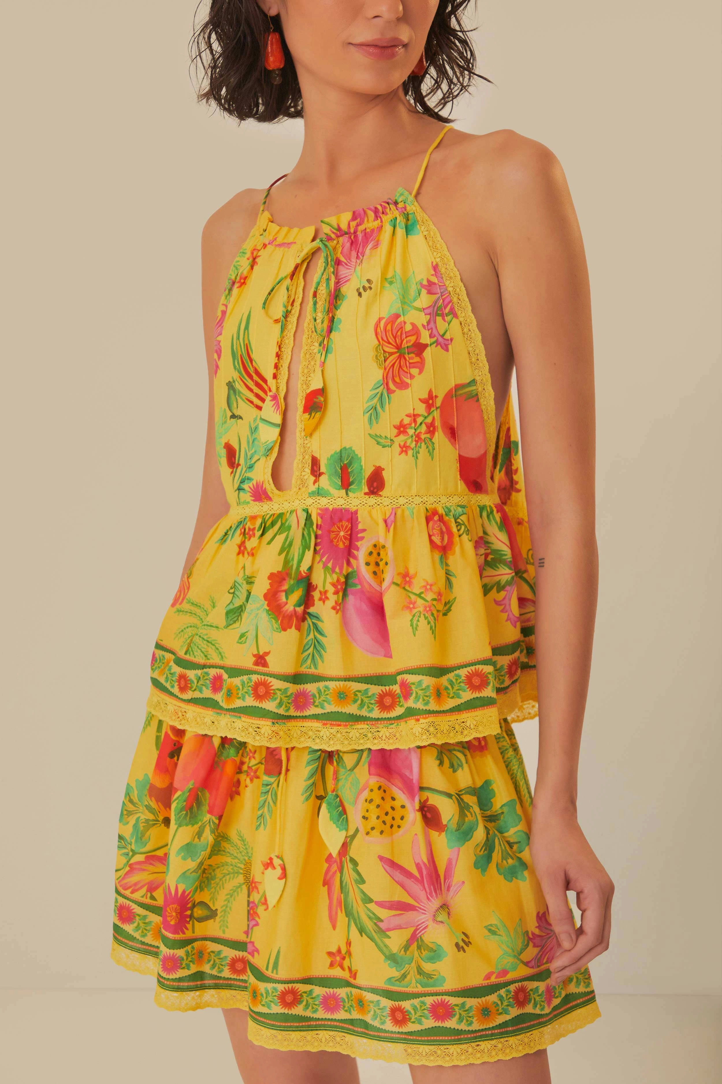 Yellow Delicate Fruit Garden Mini Skirt Outfit Focused
