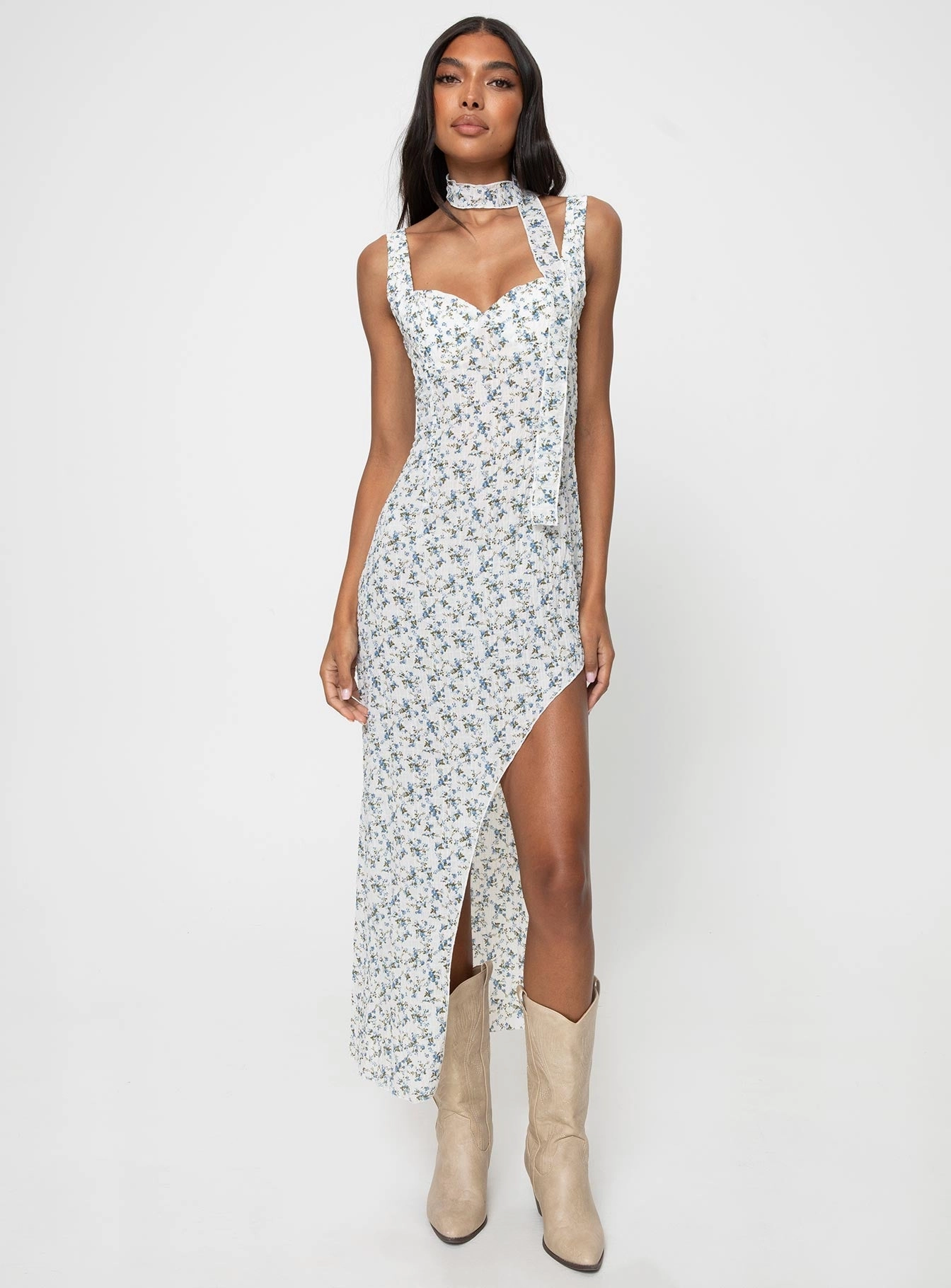 Frayed-Edge Fairley Asymmetric Midi Dress White / Blue Floral
