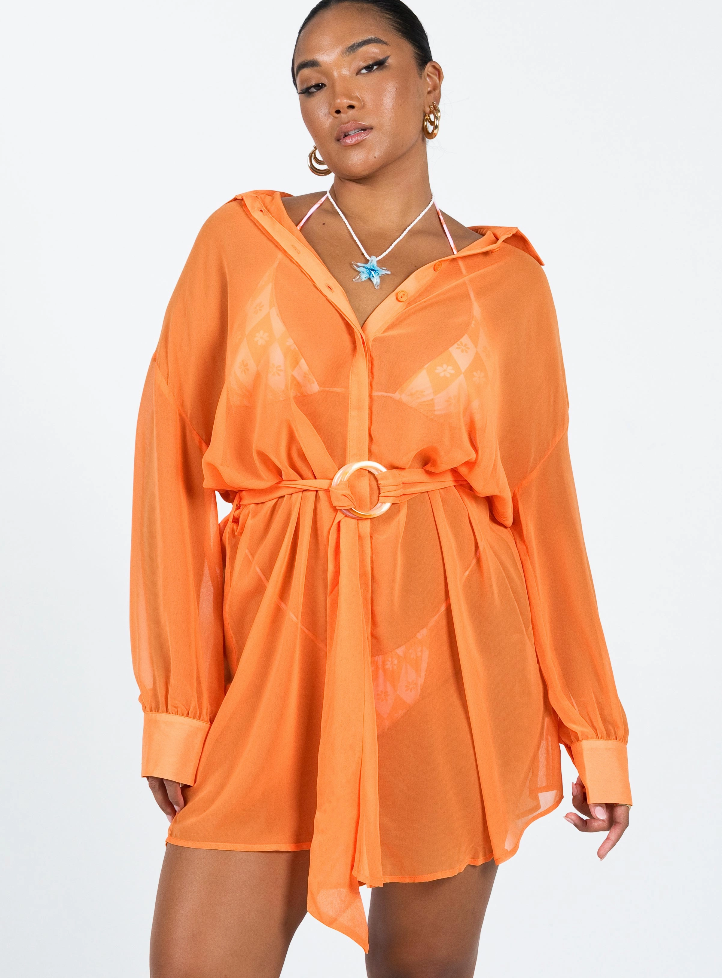 Office Classic Sharp Profile Hennie Long Sleeve Mini Dress Orange