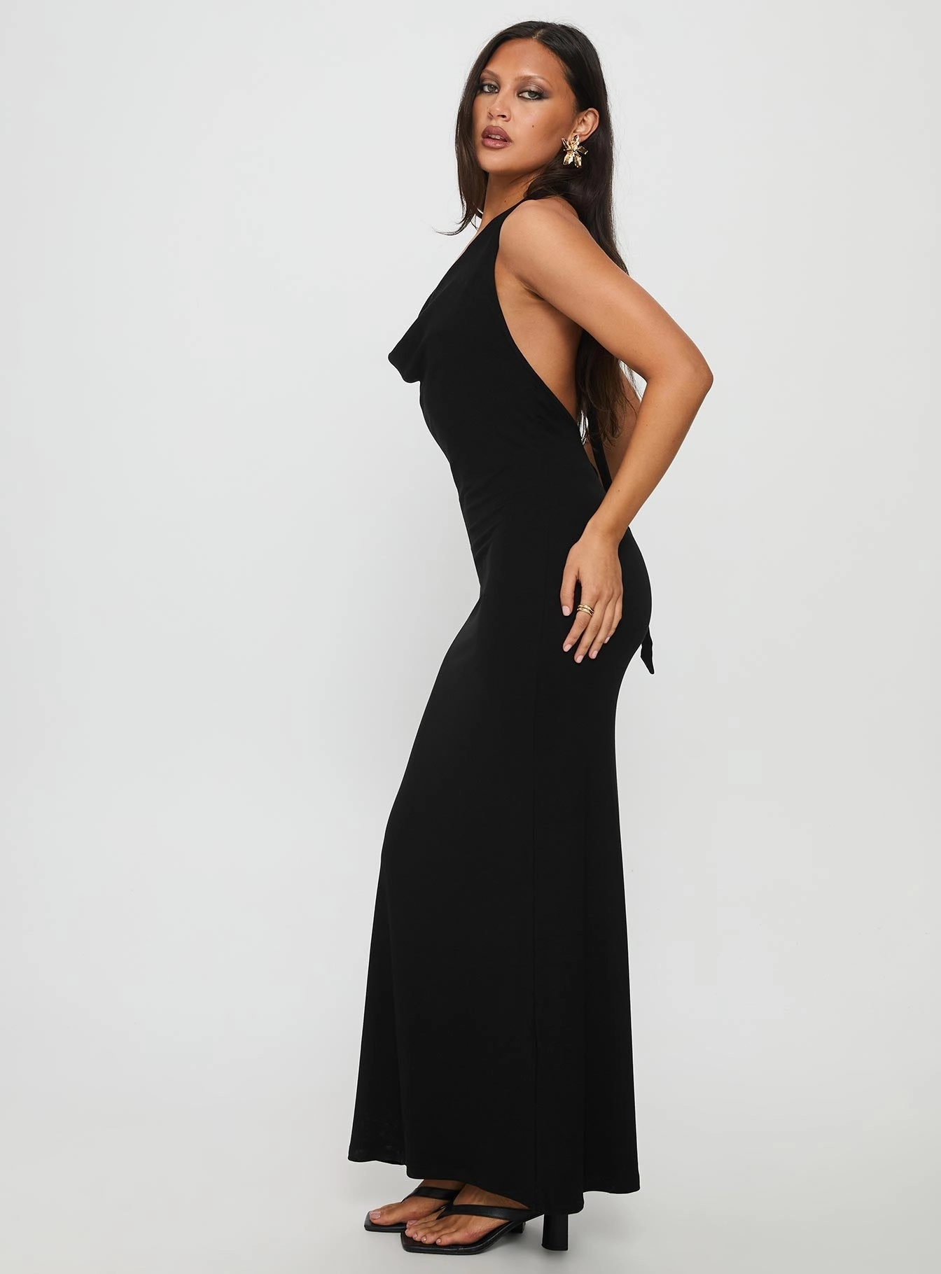 Comfy Comfort Built-In-Slip Diamonde Halter Scarf Maxi Dress Black