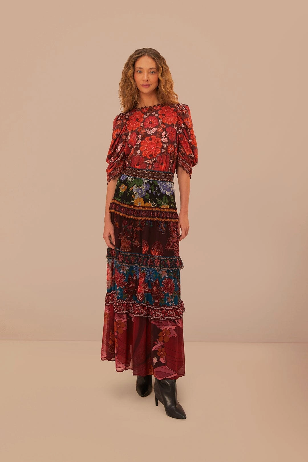 Cozy Edge Floral Mix Ruffle Maxi Skirt