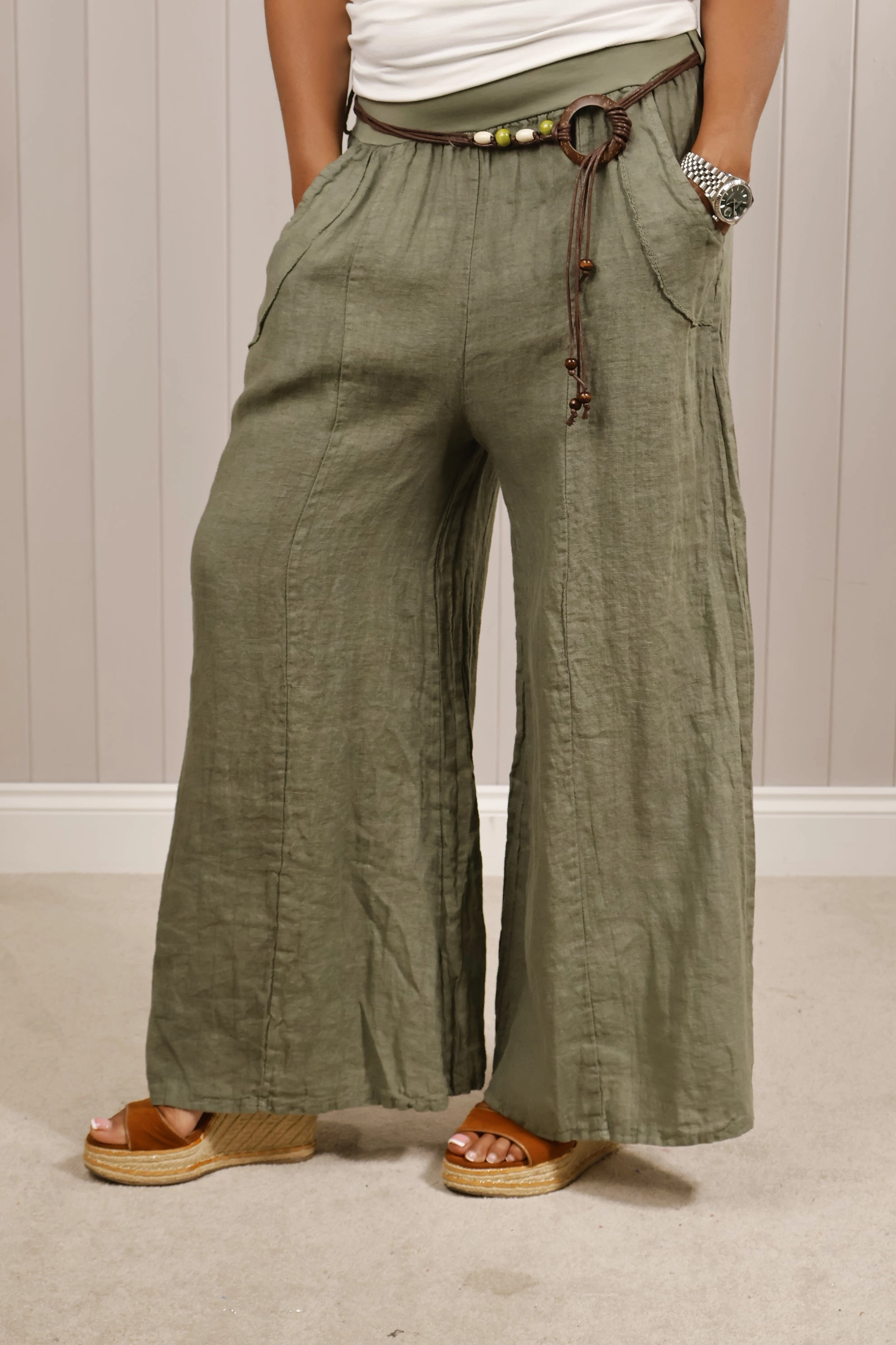 Luna Linen wide leg trousers Khaki SoftTouchFinish Quick Layer