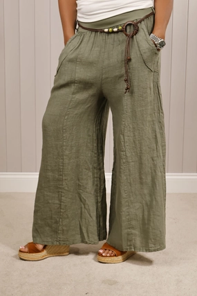Luna Linen wide leg trousers Khaki SoftTouchFinish Quick Layer