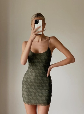 JGR & STN Demi Mini Dress Khaki Monogram Shine Finish Match Quick