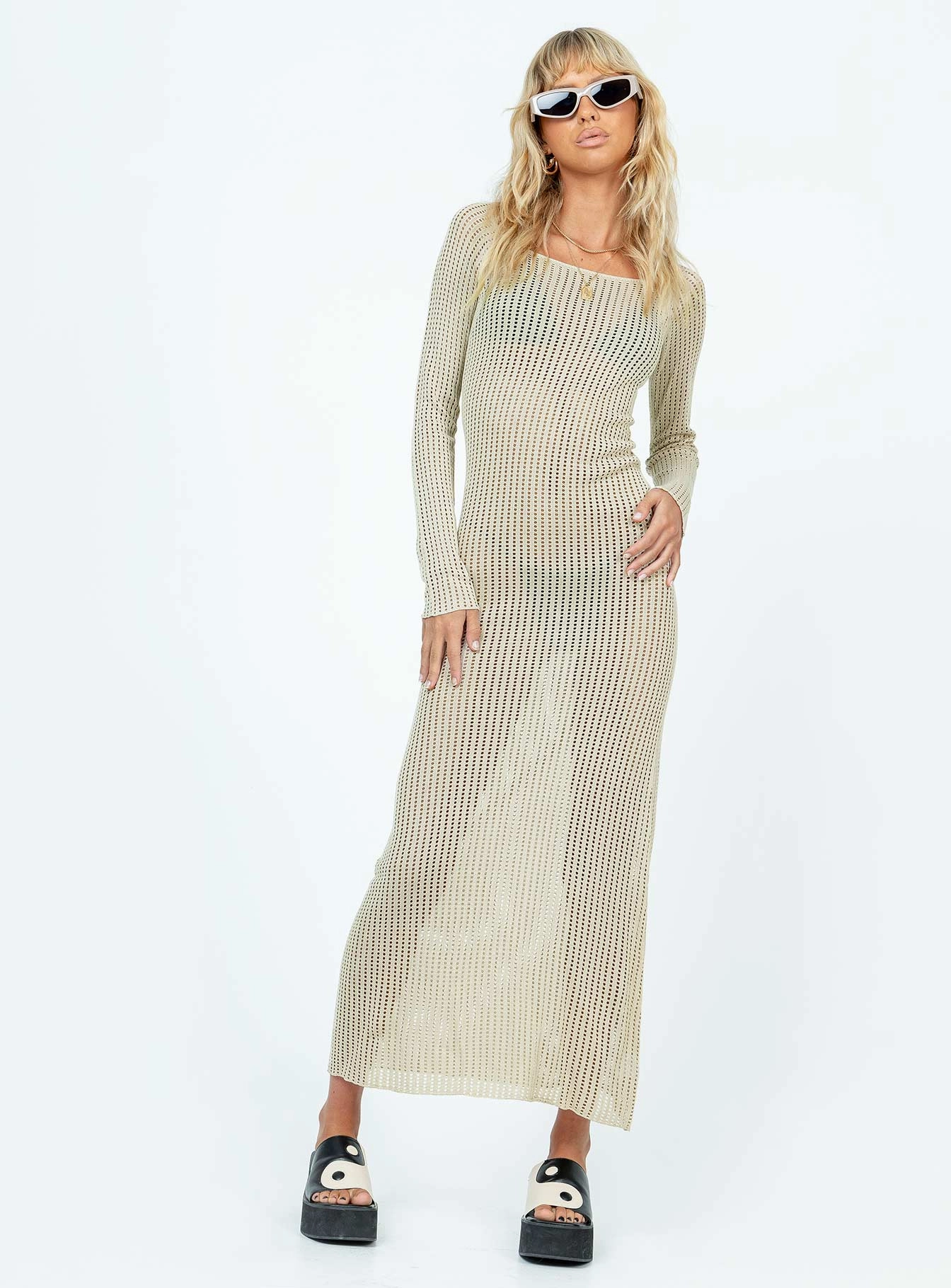 Silky Finish Effortless weekend dress Kendor Long Sleeve Maxi Dress Beige