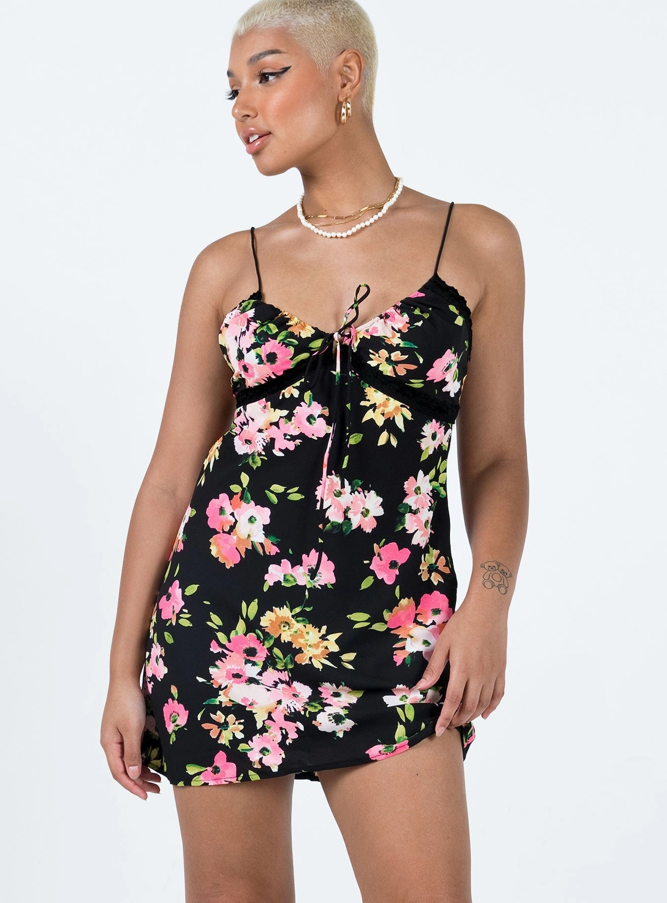 Emilee Mini Dress Black Floral Light Volume