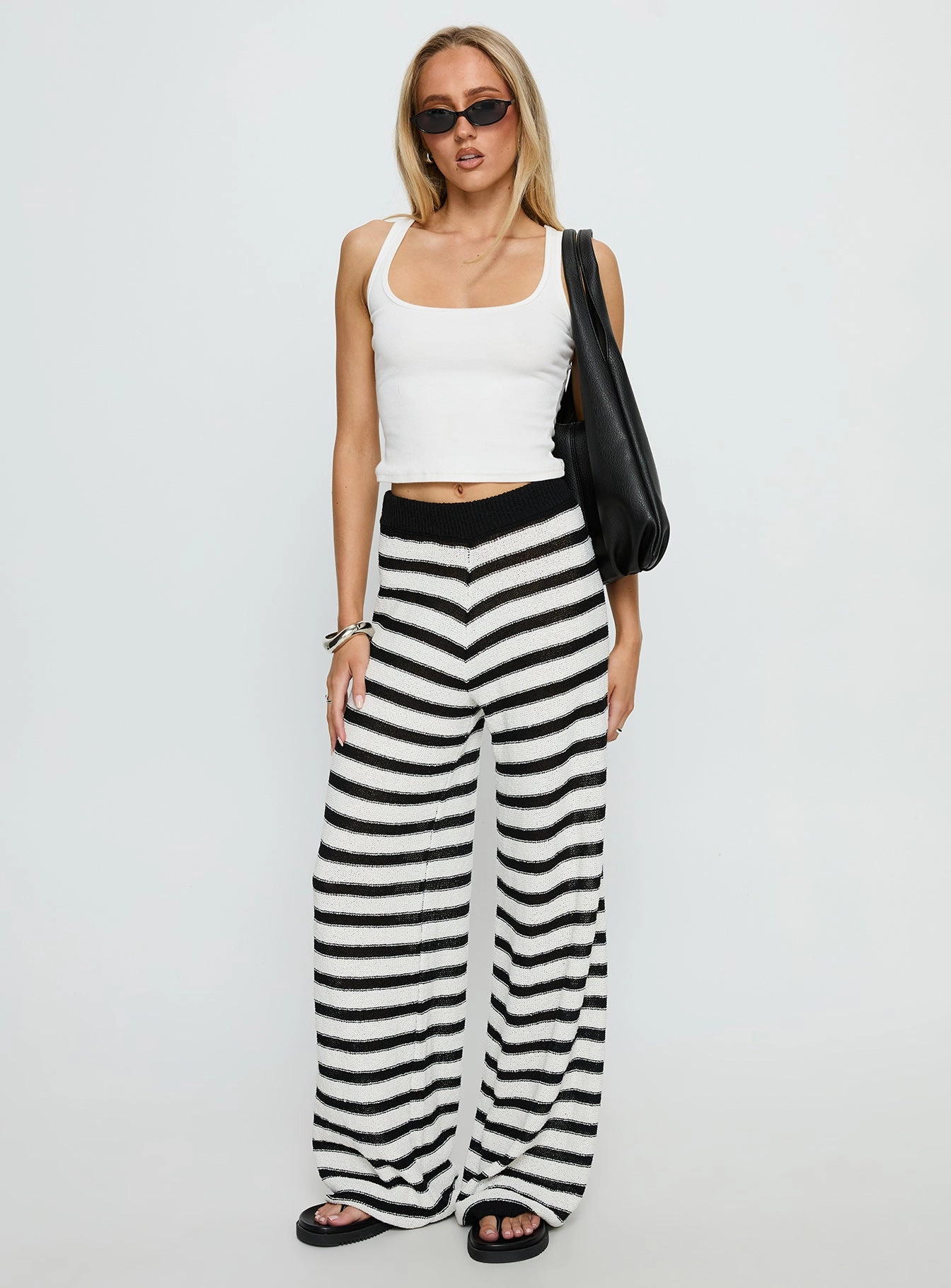 Chilly Wear Good Things Flare Knit Pants White / Black Stripe