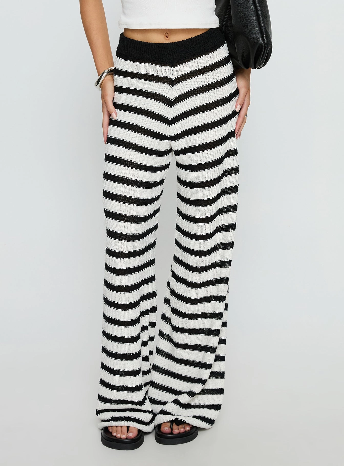 Good Things Flare Knit Pants White / Black Stripe Simple Comfort Wear Non Restrictive Fit