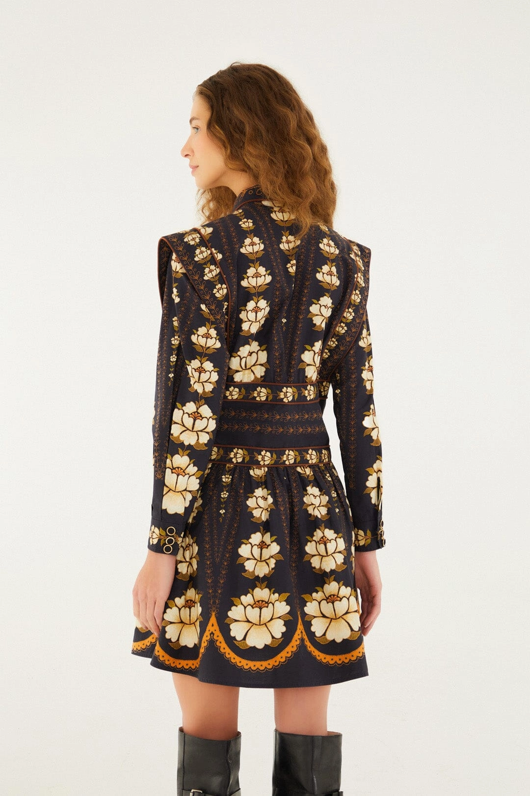 Fashionable Wear Black Embroidered Flowers Long Sleeve Organic Cotton Mini Dress Daily Wear Feminine Style