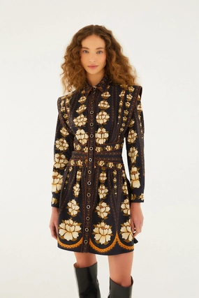 Fresh Look Fashionable Wear Black Embroidered Flowers Long Sleeve Organic Cotton Mini Dress