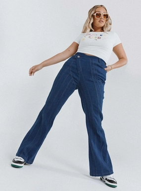 Plain Comfort Casual Street Odette Flare Denim Jeans Blue