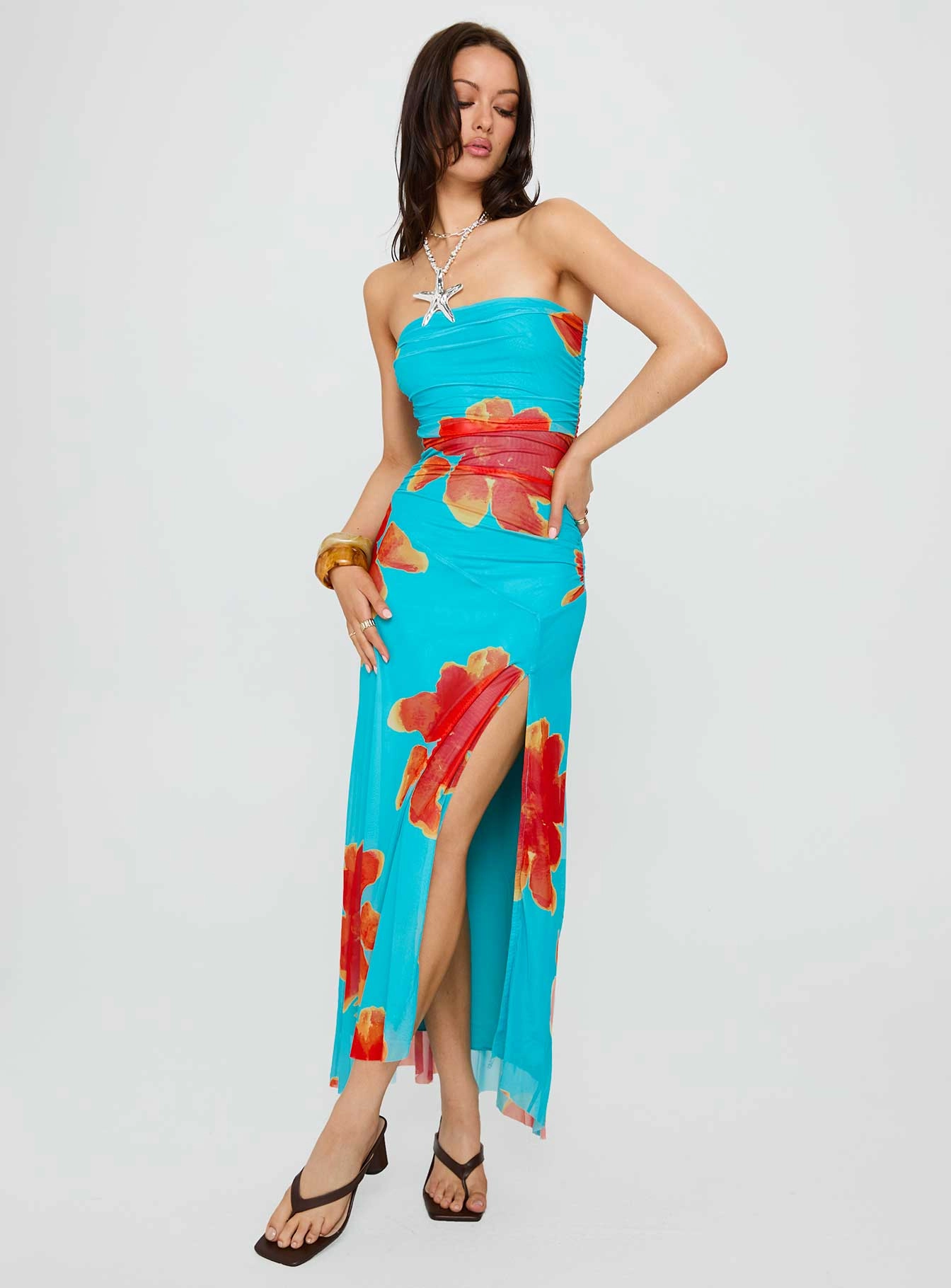 Katara Strapless Maxi Dress Blue / Orange Floral Comfort Layer Wear