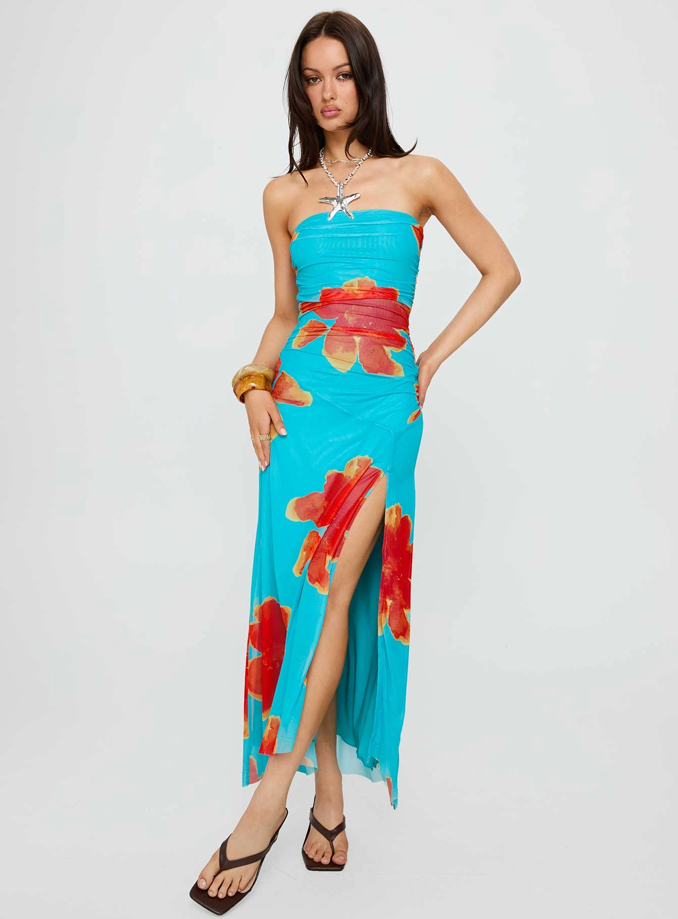 Sophisticated Fit Skin Touch Katara Strapless Maxi Dress Blue / Orange Floral