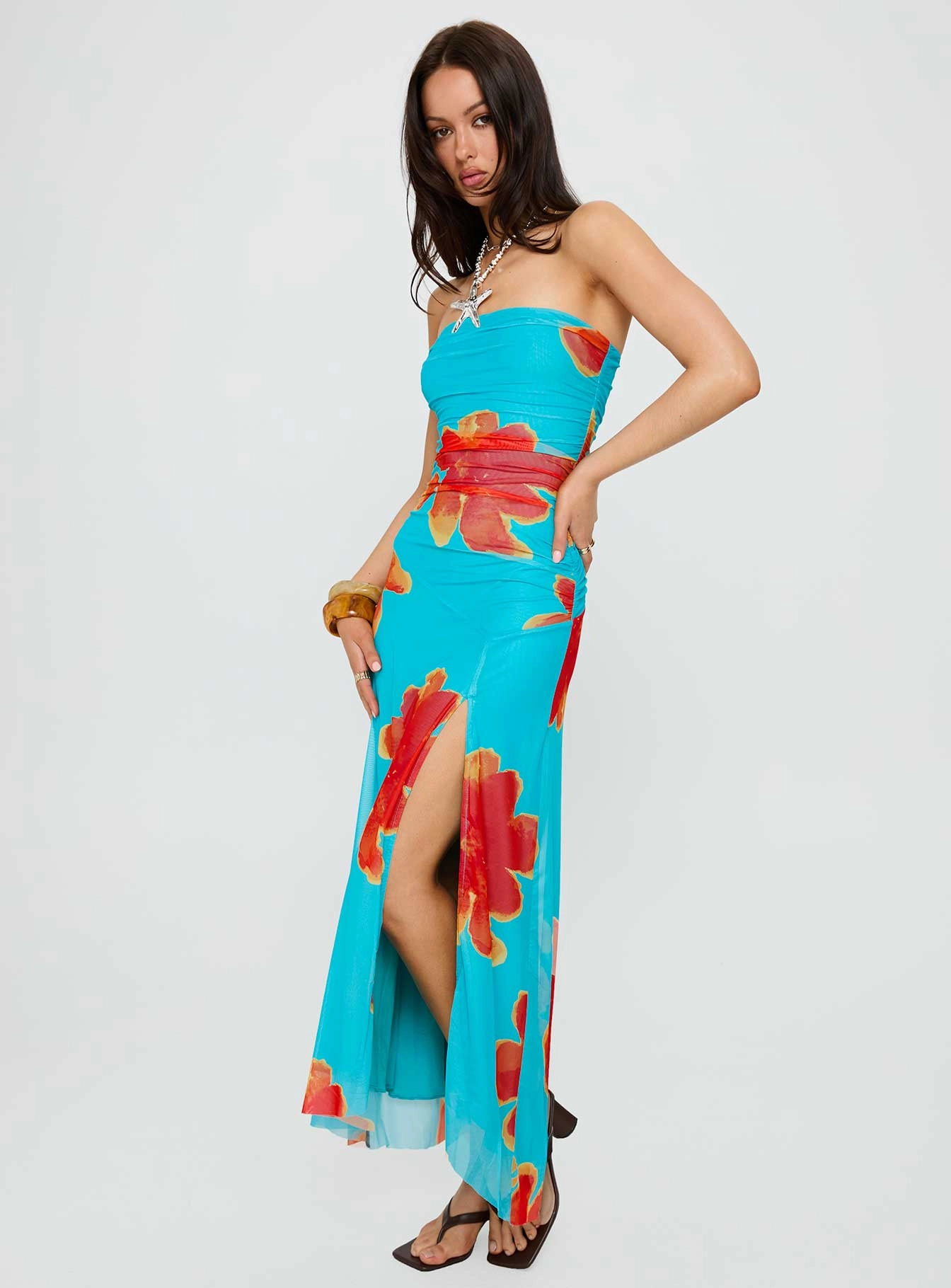 Katara Strapless Maxi Dress Blue / Orange Floral Draped Layer Seasonal Style