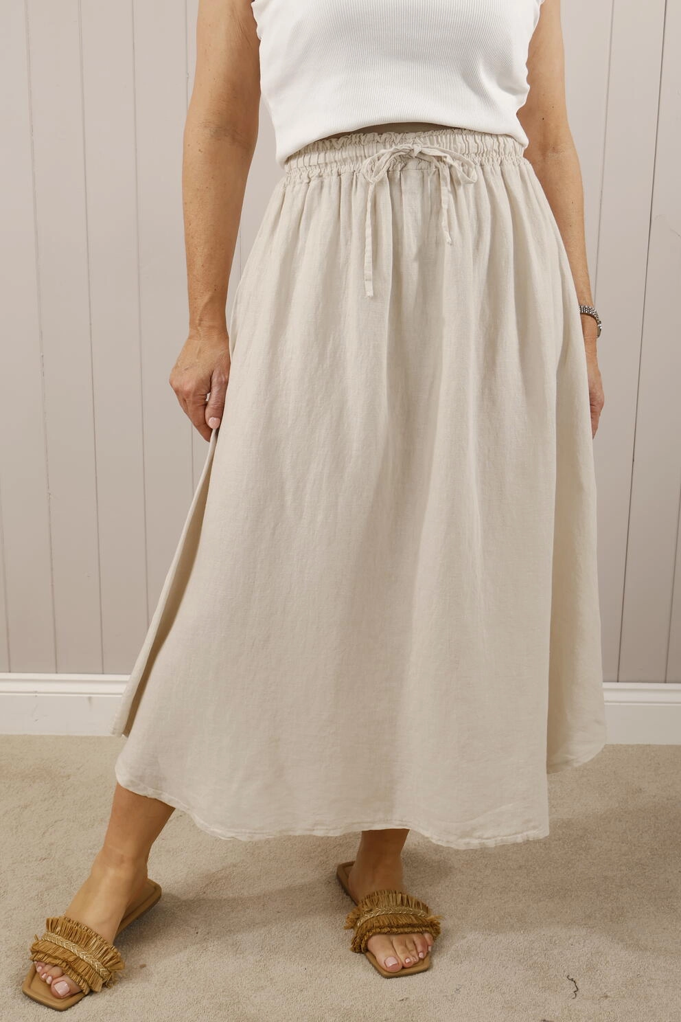 Affordable Fashion elastic waistband Fenella Linen Skirt Beige