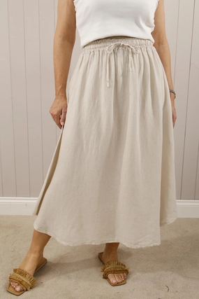 Affordable Fashion elastic waistband Fenella Linen Skirt Beige