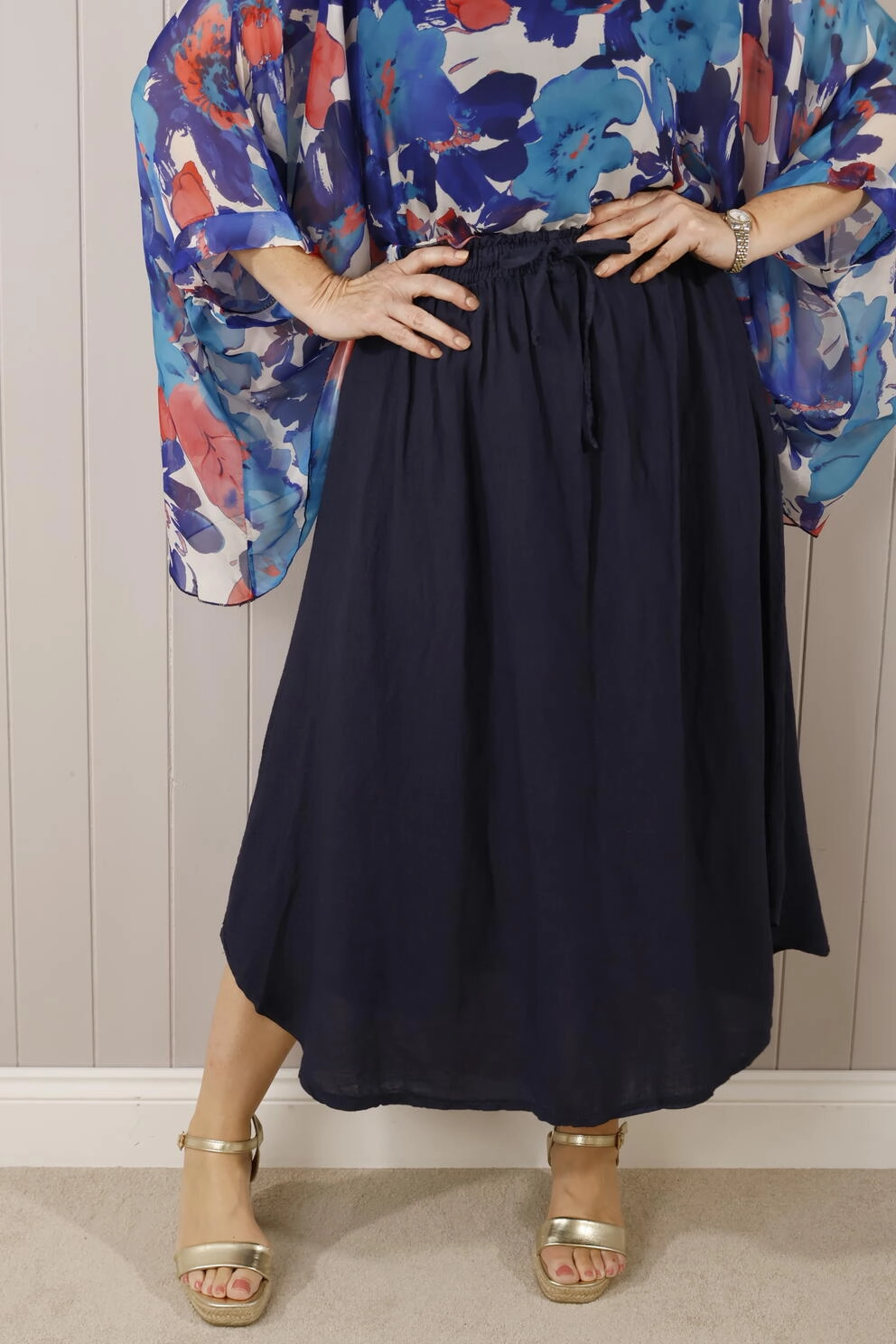 High Elasticity Material Fenella Linen Skirt Navy