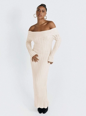 Lux Look Chic Vibe Lefler Off The Shoulder Maxi Dress Beige