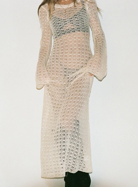 Margarida Crochet Maxi Dress Beige Snap-Closure Shine Dressy