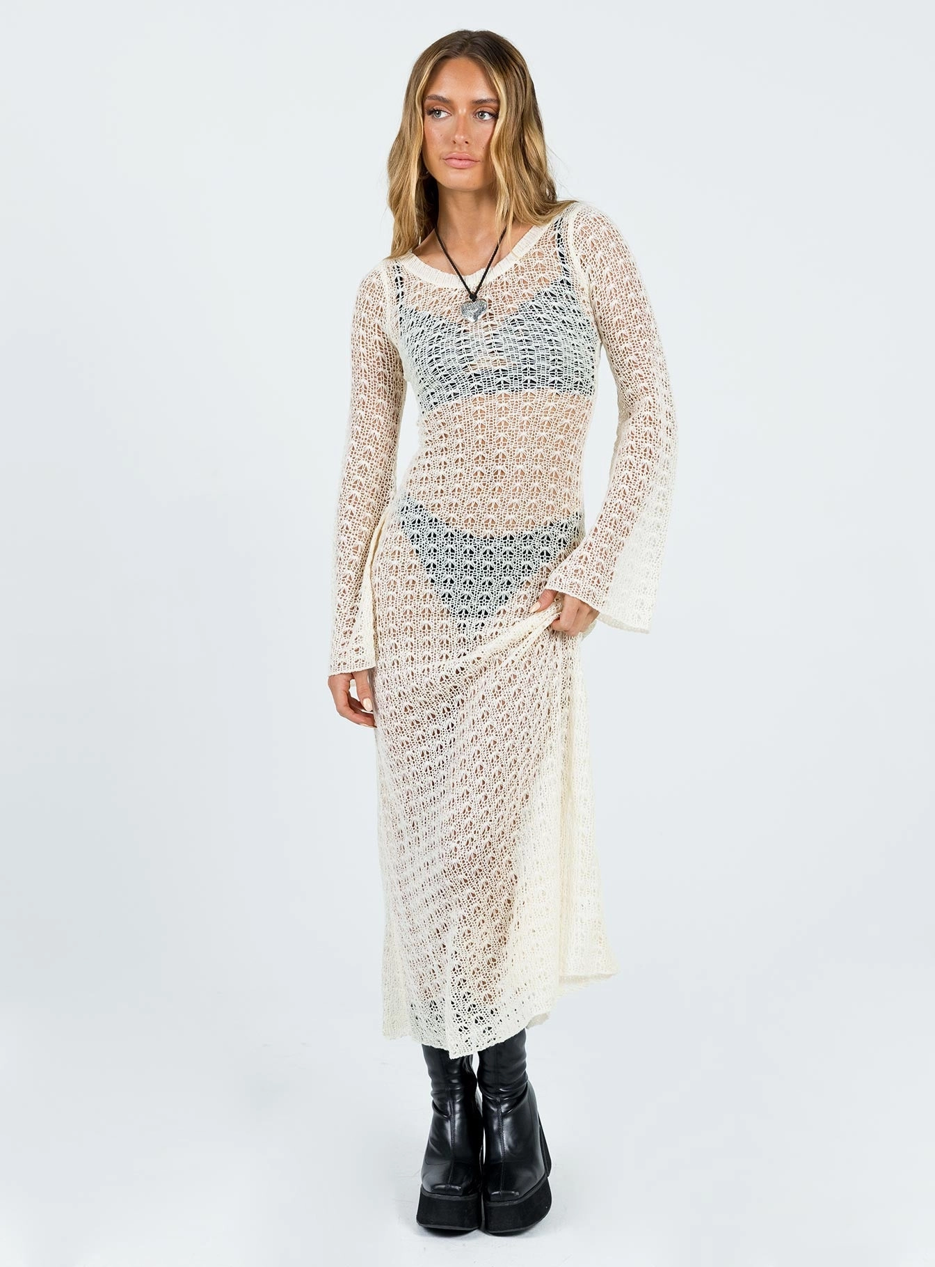 Interchangeable-Detail Margarida Crochet Maxi Dress Beige