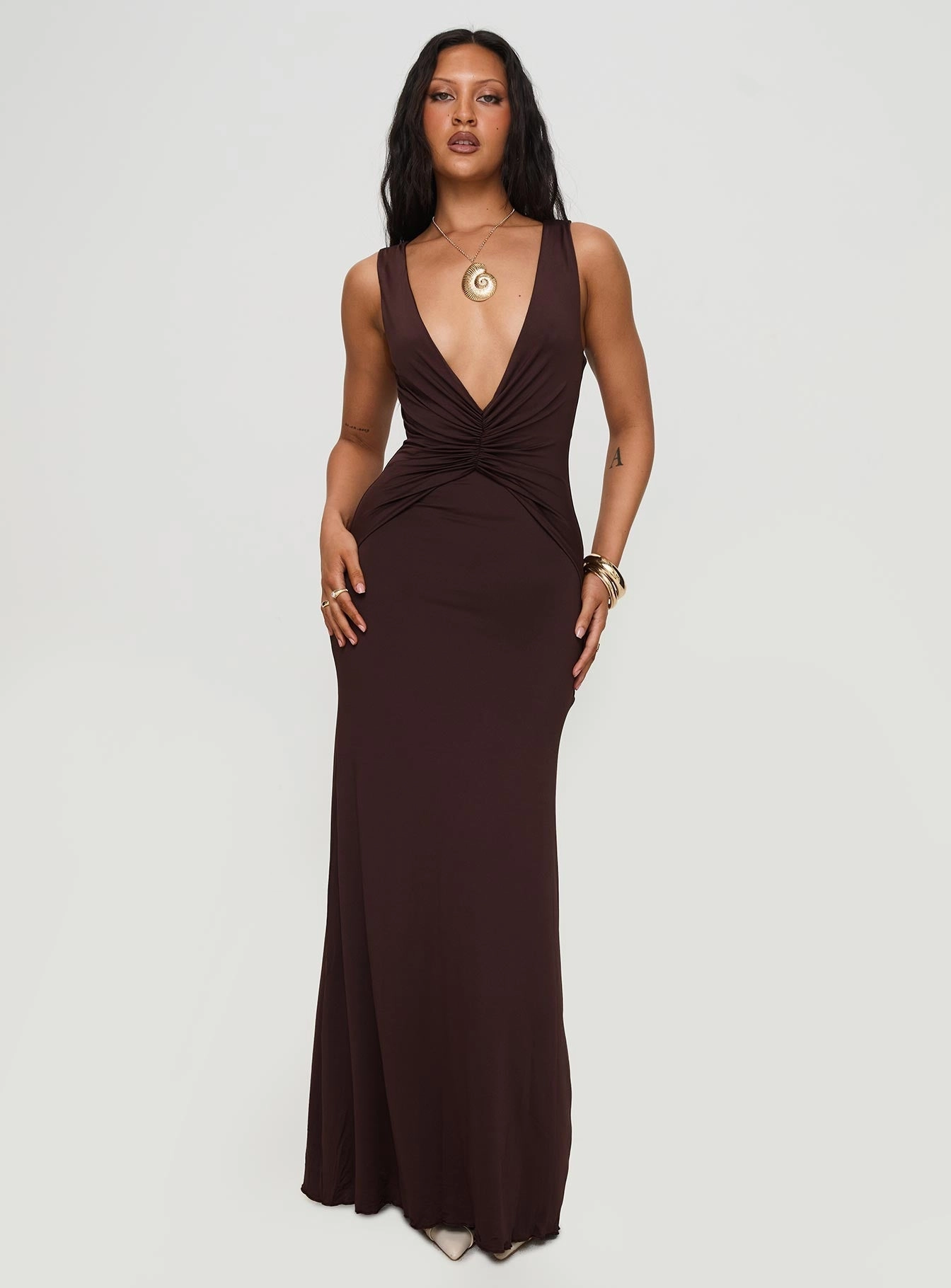 Frederica Plunge Maxi Dress Chocolate Cozy Flex