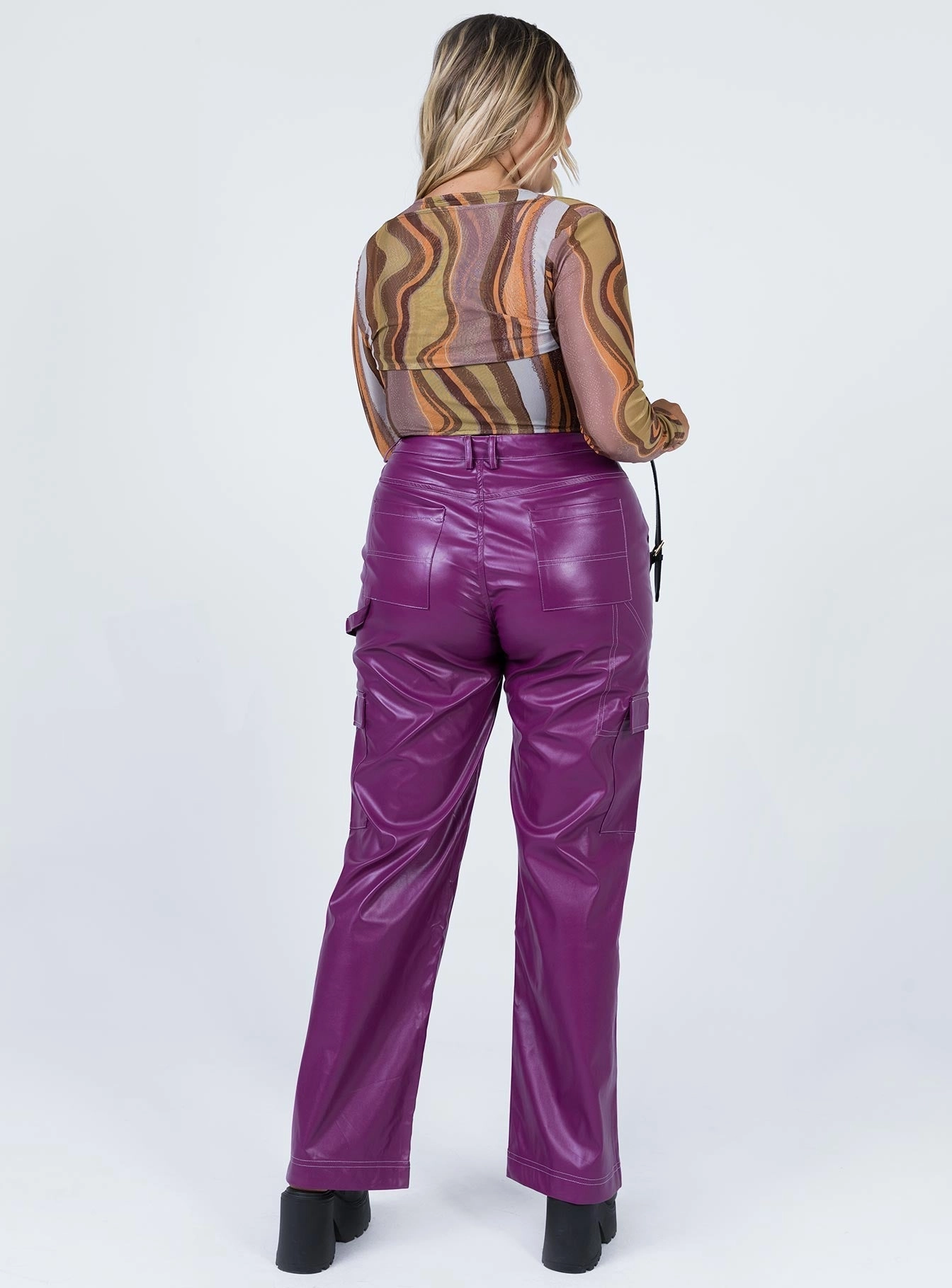 Casual Layer Fit Denim finish Callum PU Cargo Pants Purple