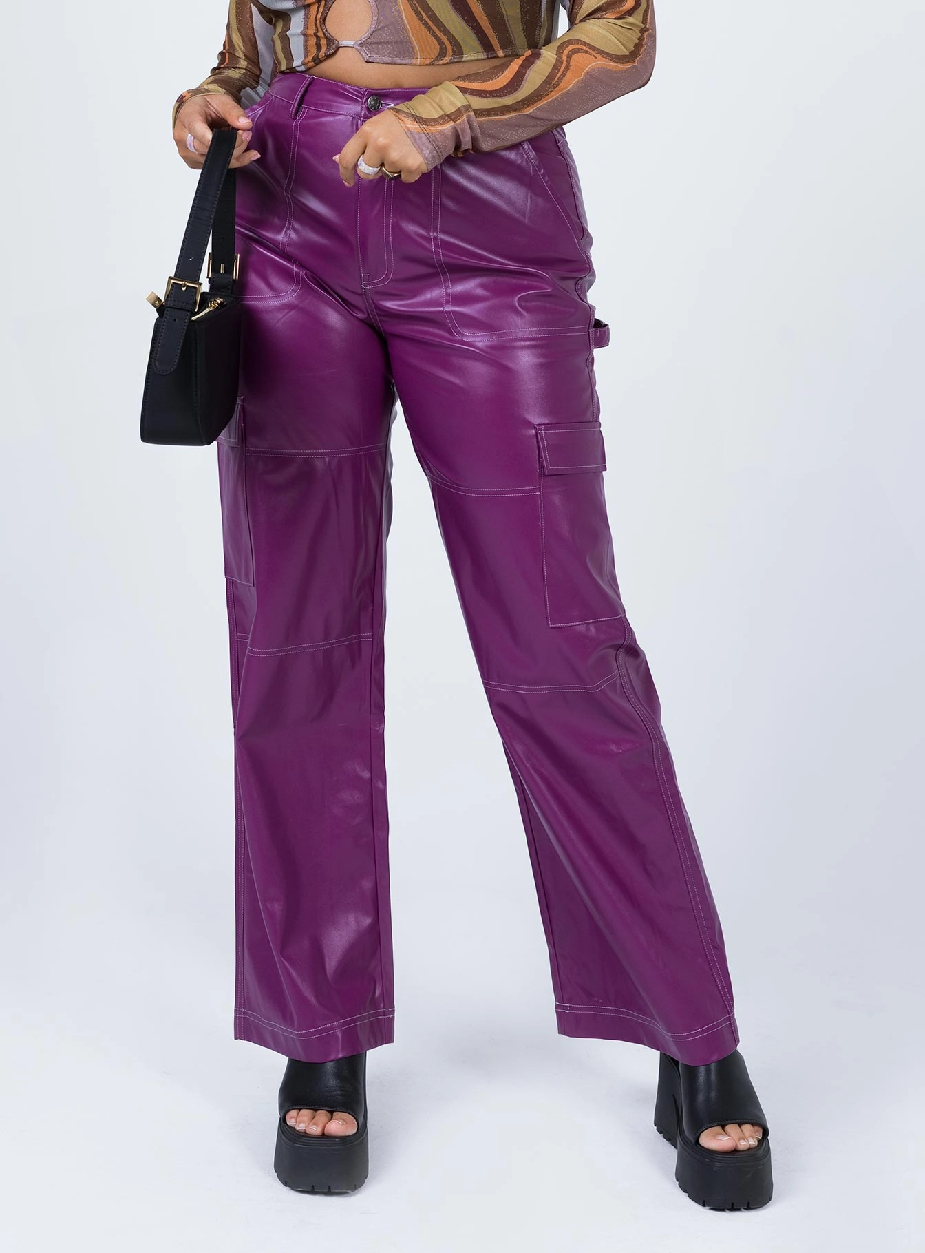 Callum PU Cargo Pants Purple Linen blend Cozy Feel