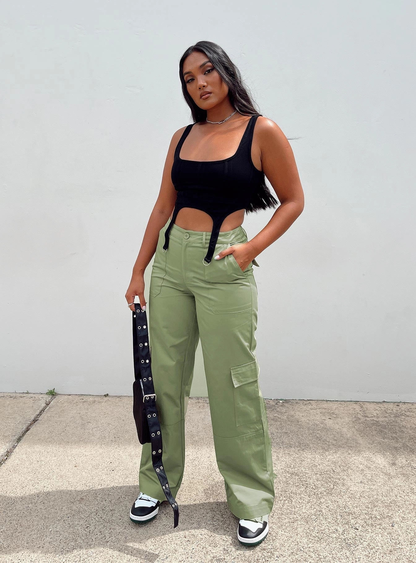 Luna Mid Rise Cargo Pants Green Laser Cut Perforations