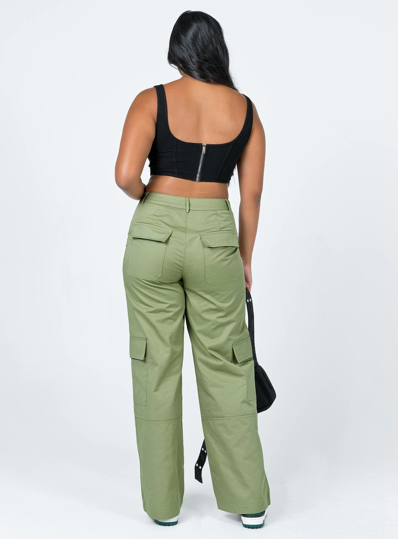 Luna Mid Rise Cargo Pants Green Slim Fit Design Minimal Stretch Fit