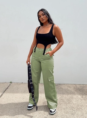 Luna Mid Rise Cargo Pants Green Laser Cut Perforations