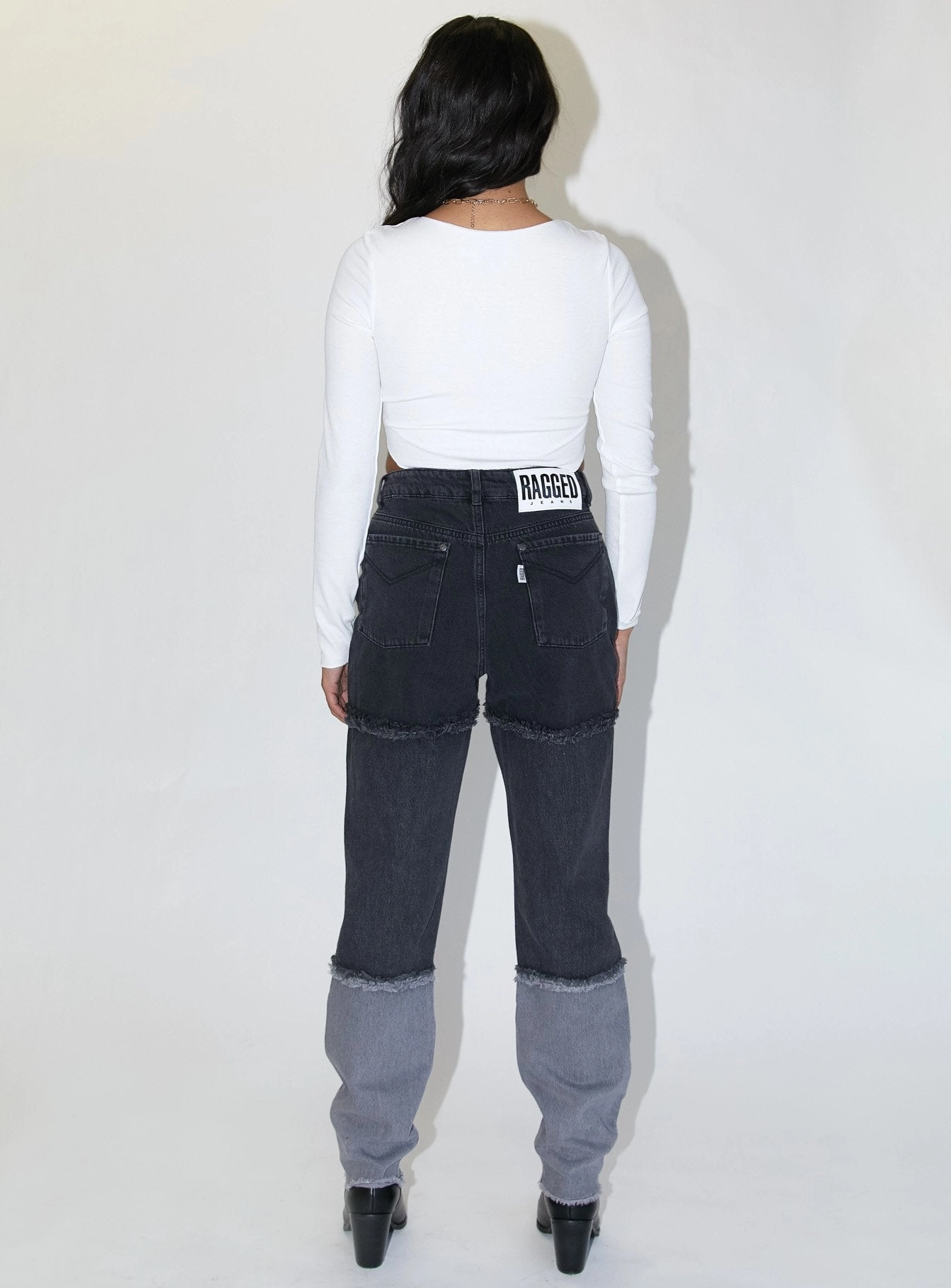 Durable Fabric The Ragged Priest 3 Panel Ombre Black Mom Jean w/fray Seams