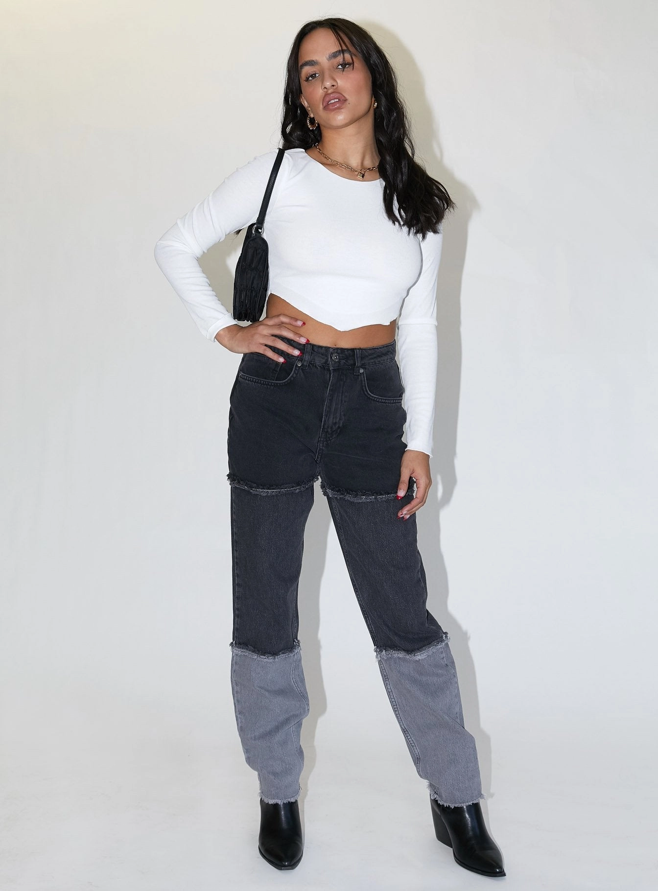 The Ragged Priest 3 Panel Ombre Black Mom Jean w/fray Seams Layered Knee Panels Softened Fabric