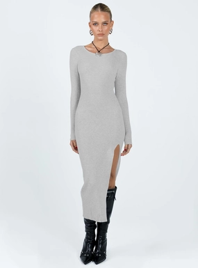 Glossy Detail Fitro Long Sleeve Maxi Dress Grey