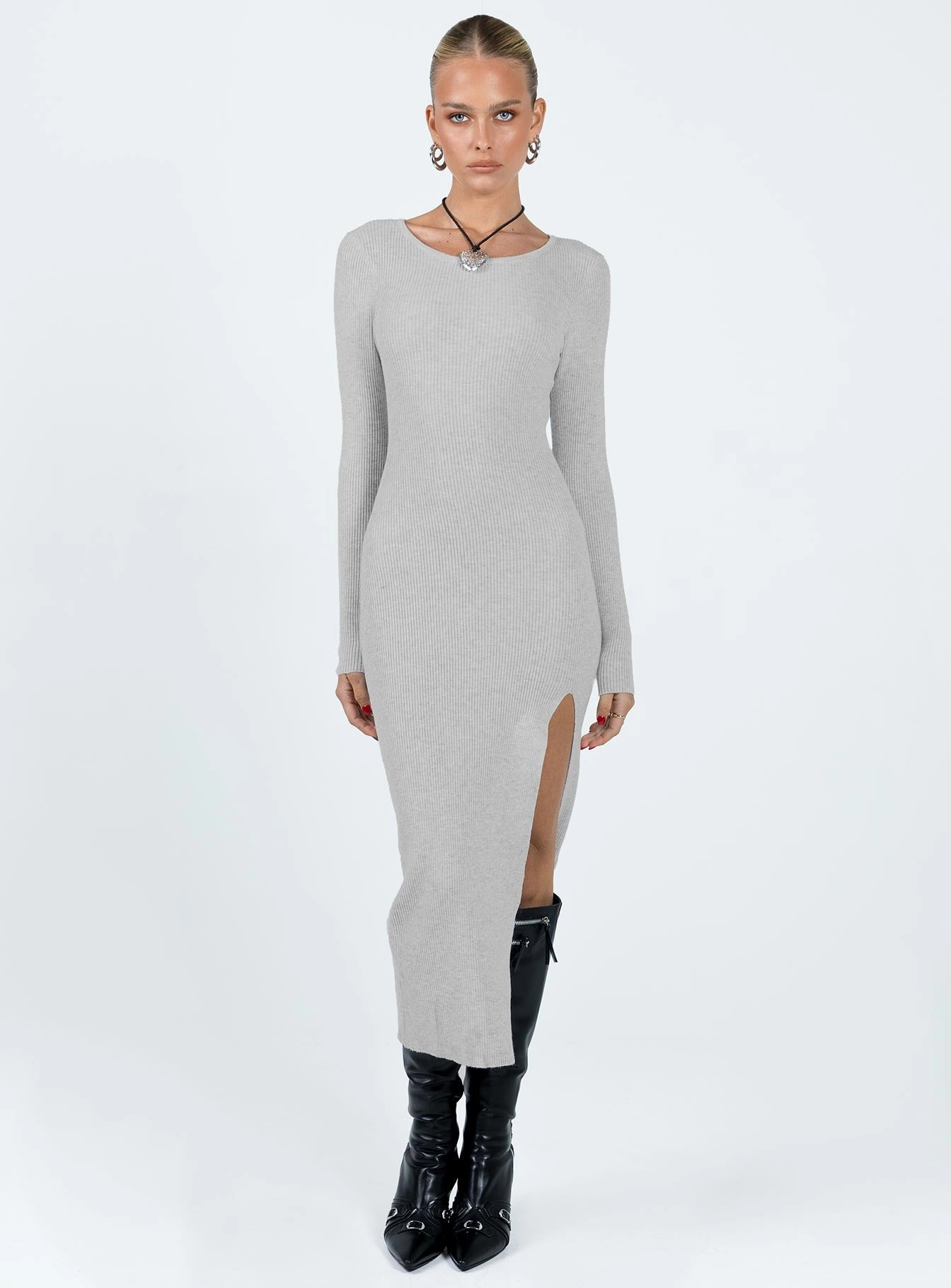 Glossy Detail Fitro Long Sleeve Maxi Dress Grey
