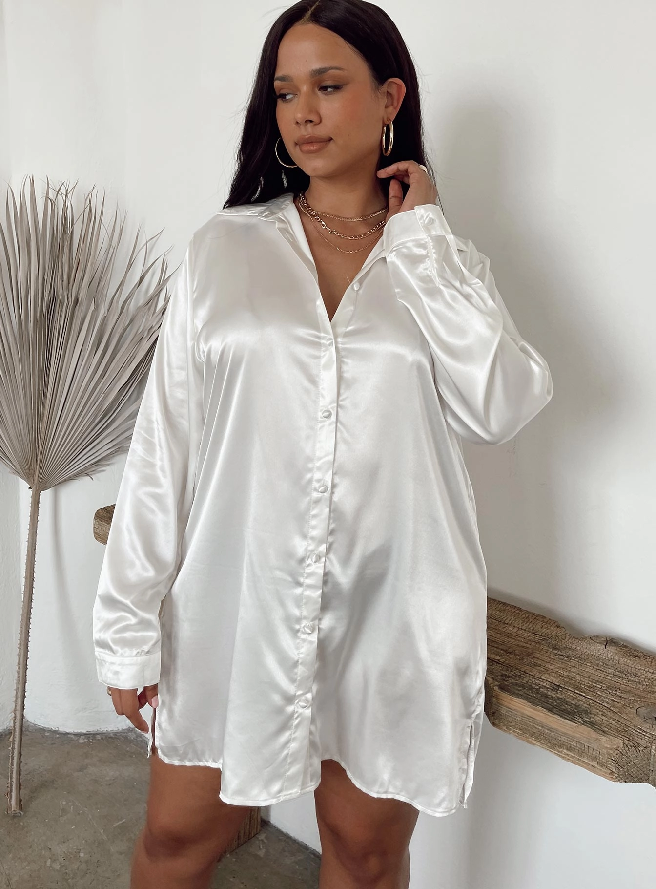 90210 Satin Shirt Mini Dress White Curve Everyday Style