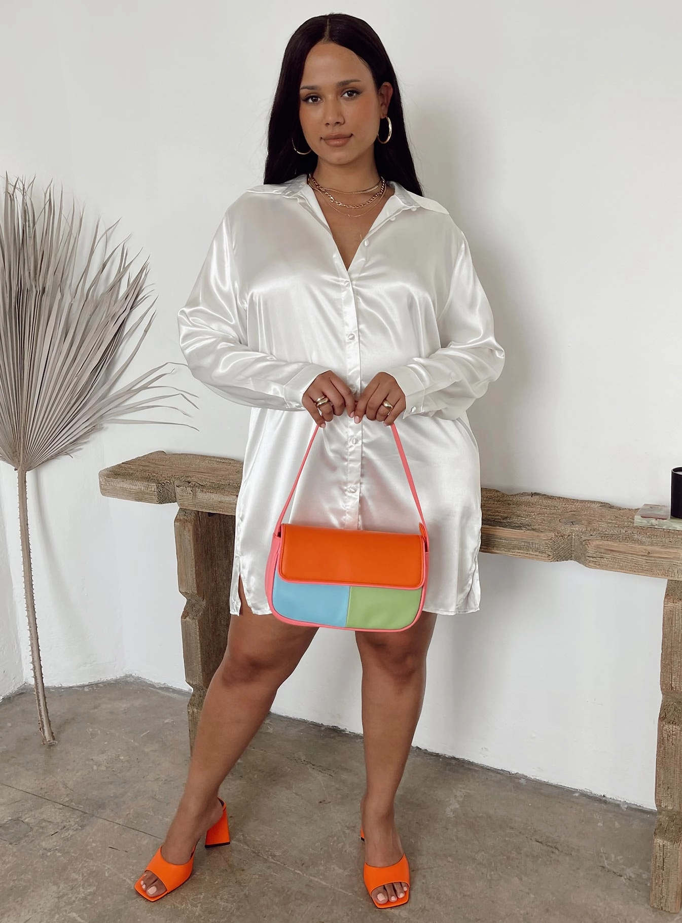 90210 Satin Shirt Mini Dress White Curve Comfortable texture Neutral Mood