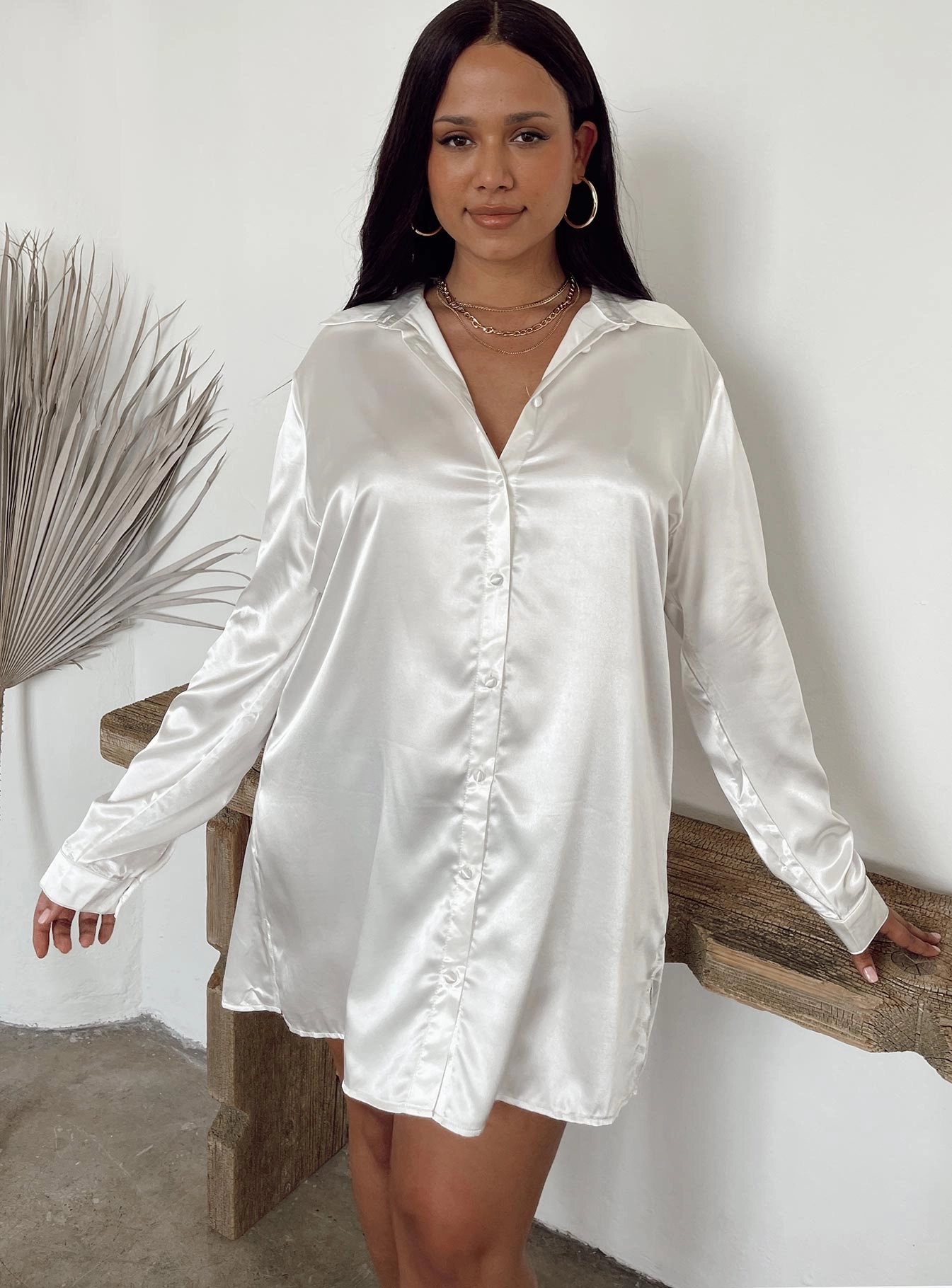 90210 Satin Shirt Mini Dress White Curve Daily Style Trendy midi dress