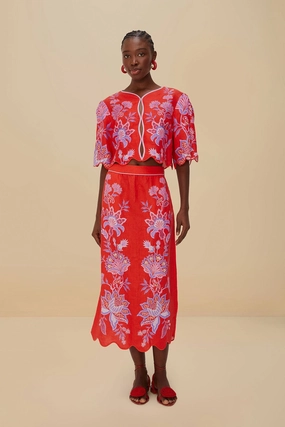 Resale Value Soft Aesthetic Red Porcelain Garden Euroflax? Premium Linen Midi Skirt